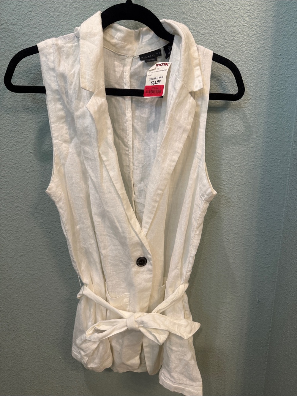Tahari Sleeveless Linen Vest with Tie Waist Large NWT